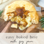 This Easy Fig Jam Baked Brie Recipe is just 3 ingredients and comes together in less than 20 minutes making it a quick and easy appetizer. This is a Crescent Roll Dough Sheet Recipe using crescent rolls, brie cheese and fig jam | kirstenturk.com