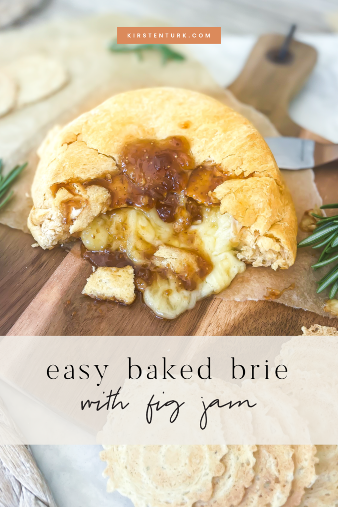 This Easy Fig Jam Baked Brie Recipe is just 3 ingredients and comes together in less than 20 minutes making it a quick and easy appetizer. This is a Crescent Roll Dough Sheet Recipe using crescent rolls, brie cheese and fig jam | kirstenturk.com